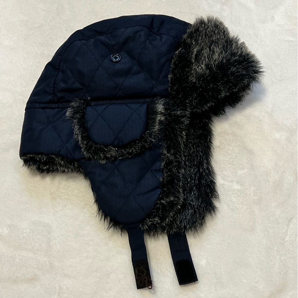 Toddler Navy Quilted Trapper Hat with Faux Fur
